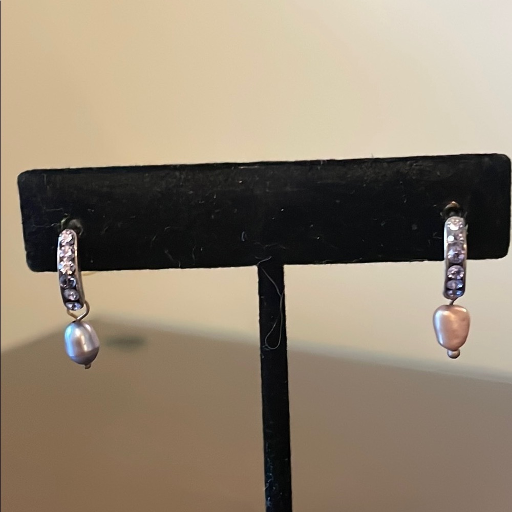 Elegant Silver Faux Pearl and Diamond  Drop Earrings